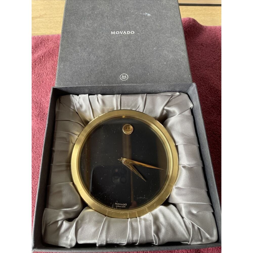 German Movado Brass Quartz Angled Brushed Brass Heavy Desk Clock TGO 113M Tested
